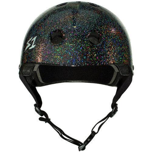 The S-One Helmet Lifer Black Gloss Glitter, a high-impact helmet with colorful glitter, features ventilation holes and an adjustable chin strap. It's also an Australian-certified helmet for added safety.