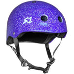 The S-One Helmet Lifer Purple Gloss Glitter is a purple, glitter-covered high-impact helmet with ventilation holes and an adjustable chin strap.