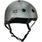 A glittery gray skateboard helmet with air vents, black adjustable chin straps, and an "S1" logo on the side, the S-One Helmet Lifer Silver Glitter offers top-notch protection.