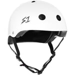 The S-One Lifer Helmet / White Gloss is a white skateboarding helmet featuring black interior padding, ventilation holes, adjustable black straps, and an "S1" logo on the side. This high-impact helmet offers superior protection and comes with sizing kits for a perfect fit.