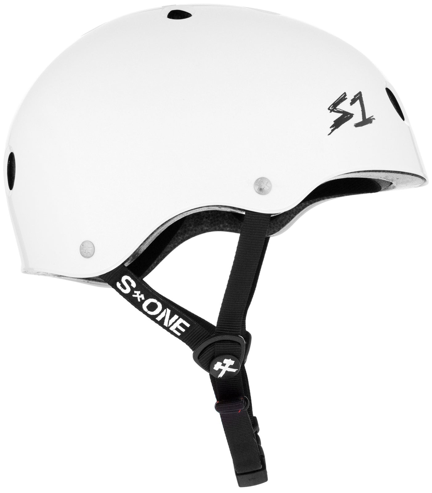 A white high-impact helmet with multiple ventilation holes and a black adjustable strap, featuring a black "S1" logo on the side and "S-ONE" on the chin strap. The S-One Lifer Helmet / White Gloss ensures optimal protection.