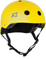 The S-One Helmet Lifer in Yellow Matte comes with black chin straps and circular ventilation holes. Its EPS Fusion Foam offers certified multiple impact protection, combining style with safety.