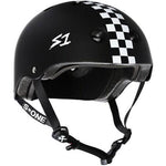 The black S-One Helmet Lifer Black Matte/White Checkers features a white checkerboard stripe, "S1" logo on the side, adjustable straps, and is designed as a multi-impact helmet. Plus, it comes with free sizing kits for the perfect fit.