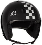 The S-One Helmet Retro Lifer Black Matte/White Checkers features a black shell adorned with a white checkered pattern. This certified helmet comes without a visor and includes black padding, a chin strap, and the "S1" logo on the side, ensuring both style and multi-impact protection.