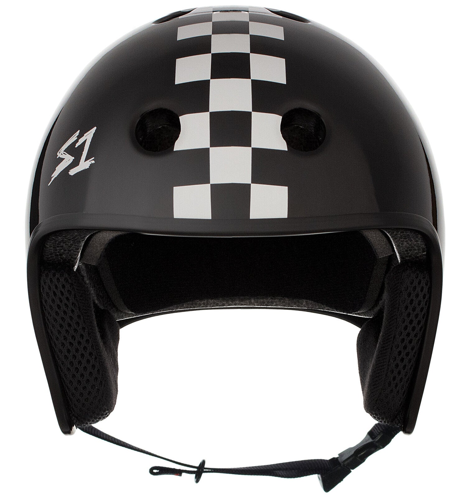 The S-One Helmet Retro Lifer Black Matte/White Checkers features a black finish with a white checkerboard stripe down the center and a stylized "S1" logo on the side. This multi-impact helmet has black padding and comes equipped with a secure chin strap.