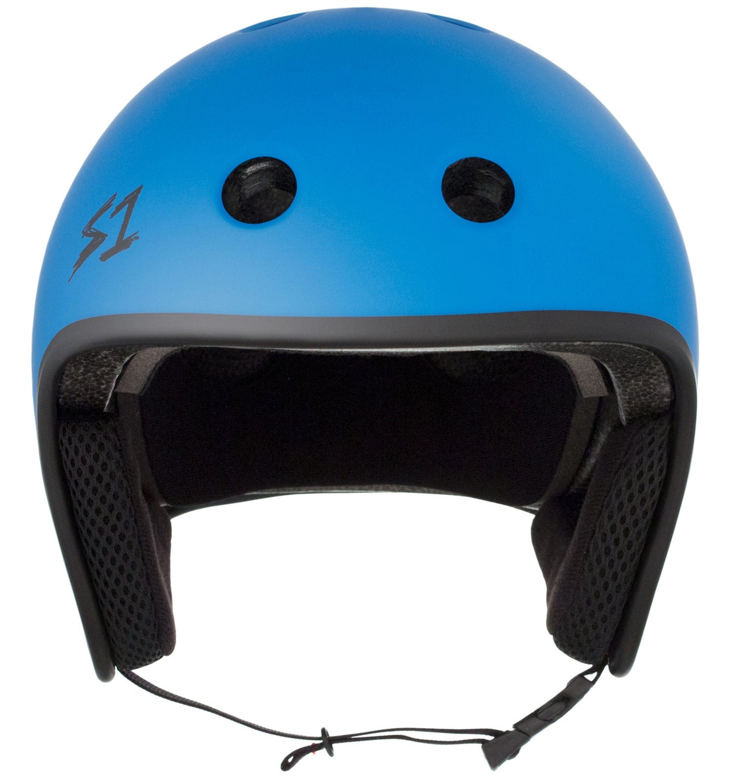 A S-One Helmet Retro Lifer Cyan Matte with ventilation holes, a black interior lining, and an adjustable strap features EPS Fusion Foam for superior protection.