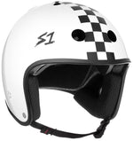 The S-One Helmet Retro Lifer White Gloss/Black Checkers features a black and white checkered stripe down the middle and the number "51" on the side. This high-impact helmet includes interior padding and a black chin strap for added comfort and safety.