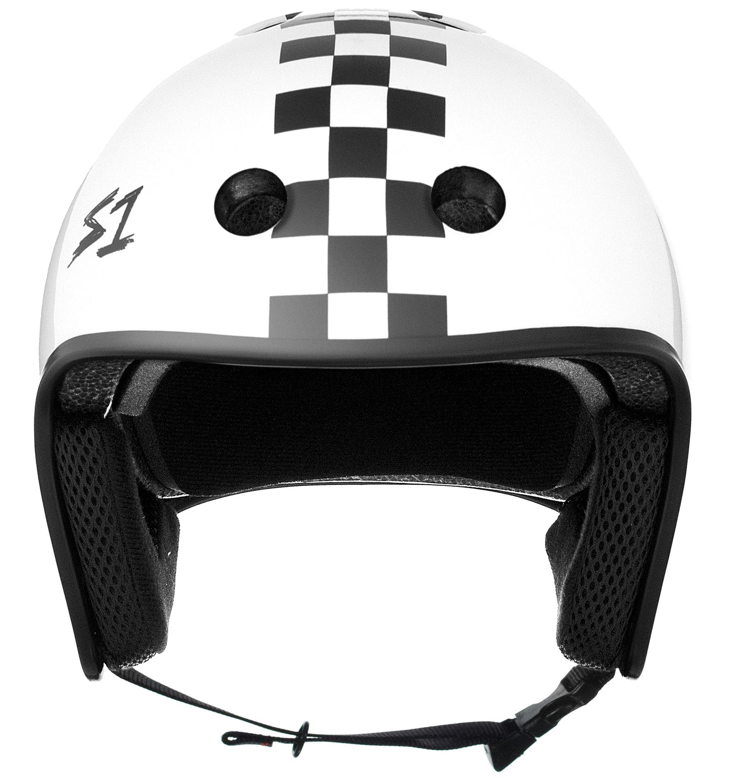 The S-One Helmet Retro Lifer White Gloss/Black Checkers features a sleek white design with a black checkered pattern down the center, complemented by black interior padding and an adjustable strap. This high-impact, multi-impact helmet is also Australian-certified for your safety.