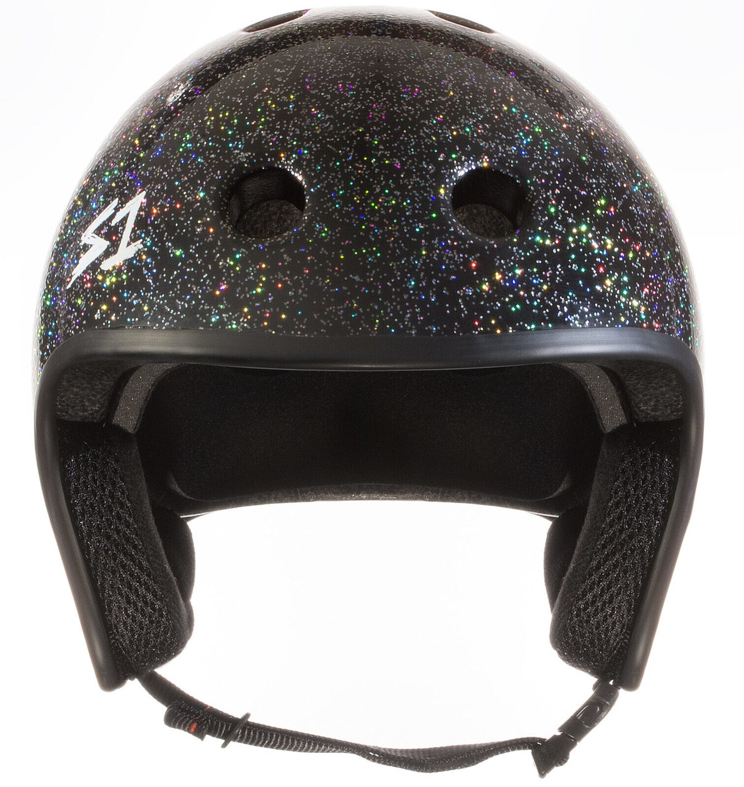 The S-One Helmet Retro Lifer Black Gloss Glitter features ventilation holes and a padded interior. Front view.