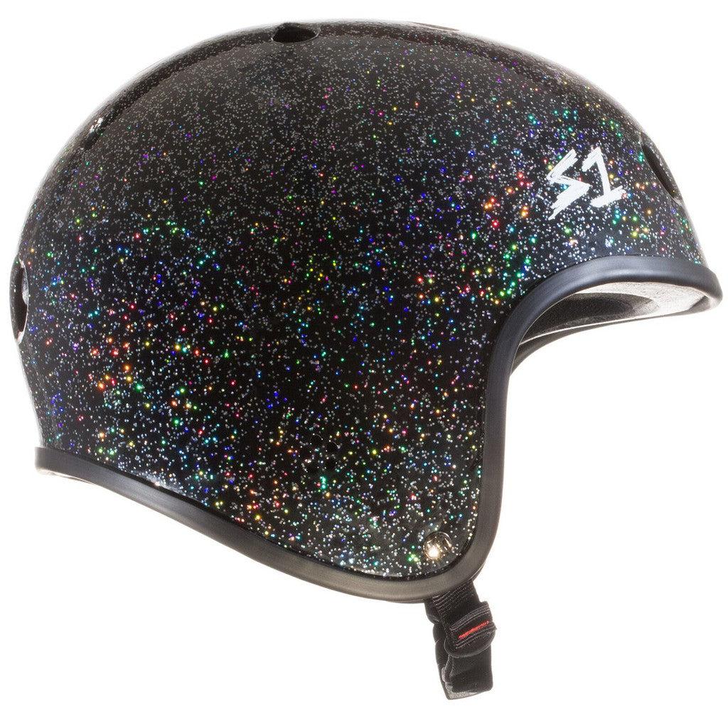 A black, high-impact S-One Helmet Retro Lifer Black Gloss Glitter with sparkling, multicolored glitter, featuring the white "S1" logo on the side and a black chin strap.