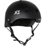 A black S-One Helmet Mega Lifer Black Matte with ventilation holes, adjustable straps, and a white "S1" logo on the front left side. This high-impact helmet also includes free sizing kits for the perfect fit.