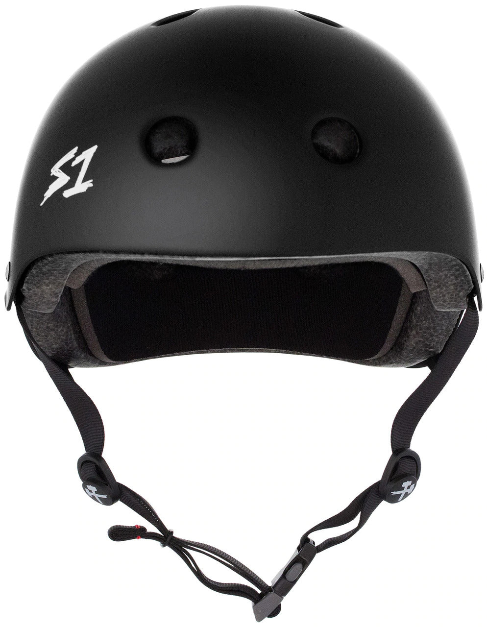 A black S-One Helmet Mega Lifer Black Matte labeled "S1" with an adjustable chin strap and ventilation holes on the top, this high-impact helmet is a multi-impact Australian-certified helmet.