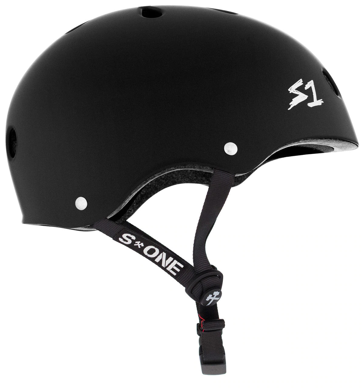 A **S-One Helmet Mega Lifer Black Matte** branded skate helmet features multiple ventilation holes, an adjustable chin strap, and high-impact protection.