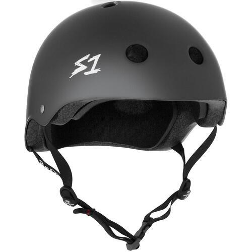 A S-One Helmet Mega Lifer Dark Grey Matte with ventilation holes, adjustable chin straps, and a white "S1" logo on the side offers high-impact protection.