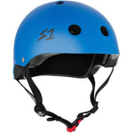 A S-One Helmet Mini Lifer Cyan Matte featuring multiple ventilation holes, adjustable straps, and black interior padding with EPS Fusion Foam for enhanced protection.