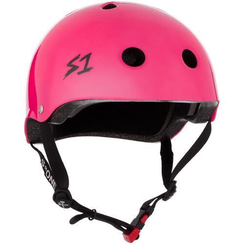 Bright pink S-One Helmet Mini Lifer Hot Pink Gloss with multiple ventilation holes and an adjustable black strap. The helmet features the "S1" logo on the front and EPS Fusion Foam for added protection.