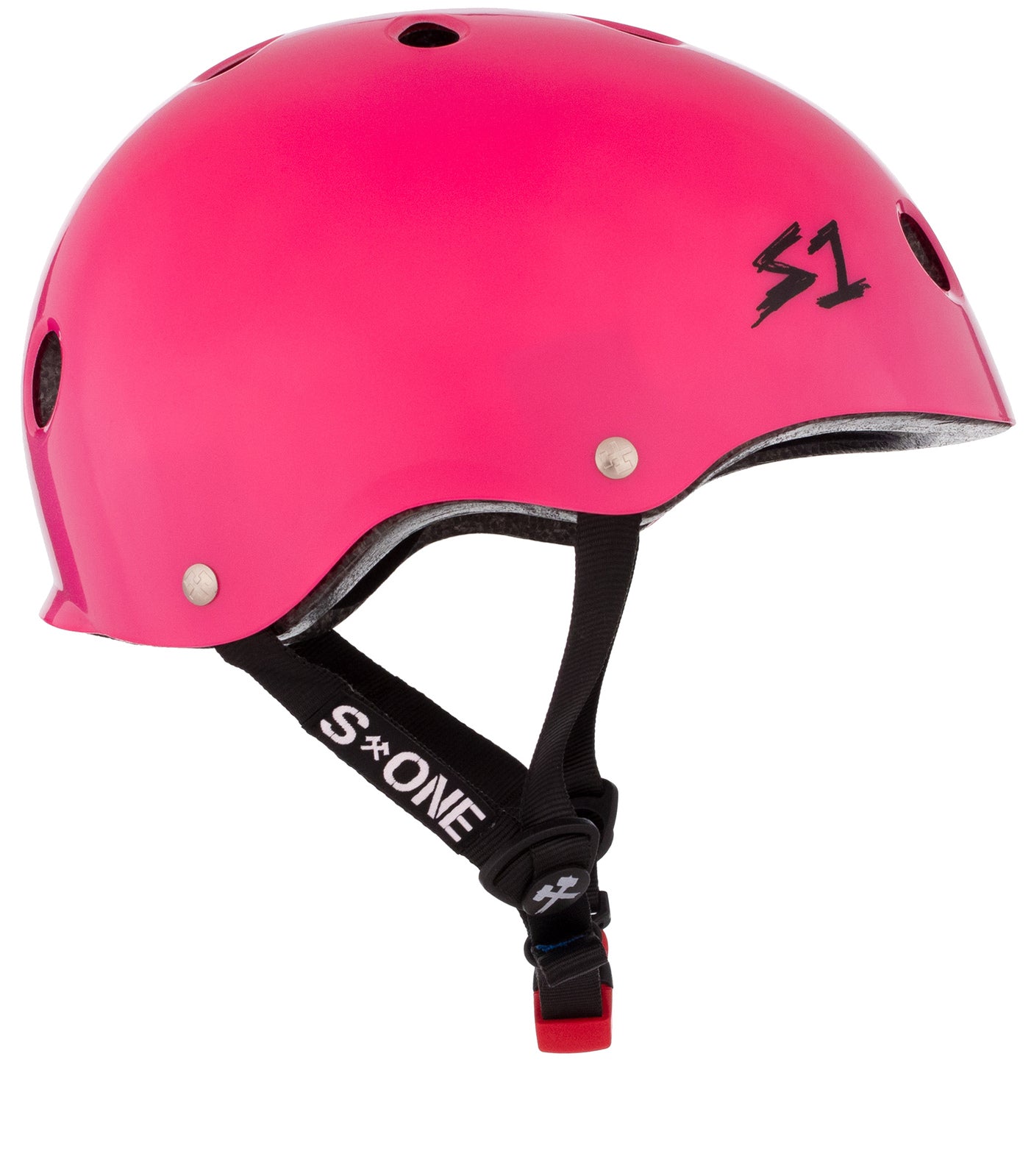 The S-One Helmet Mini Lifer Hot Pink Gloss is a bright pink helmet with black vent holes and an adjustable black chin strap. It features the logo "S1" on the side and incorporates EPS Fusion Foam for superior protection.