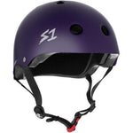 The S-One Helmet Mini Lifer Purple Matte is a purple protective helmet with ventilation holes, chin straps, and the "S1" logo on the side. It features EPS Fusion Foam for enhanced safety, making it a reliable multi-impact helmet.