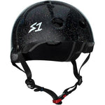 A black multi-impact helmet with a speckled design, featuring the "S1" logo on the front left side and an adjustable chin strap with a red clip. This S-One Helmet Mini Lifer Black Gloss Glitter is constructed with EPS Fusion Foam for superior protection.