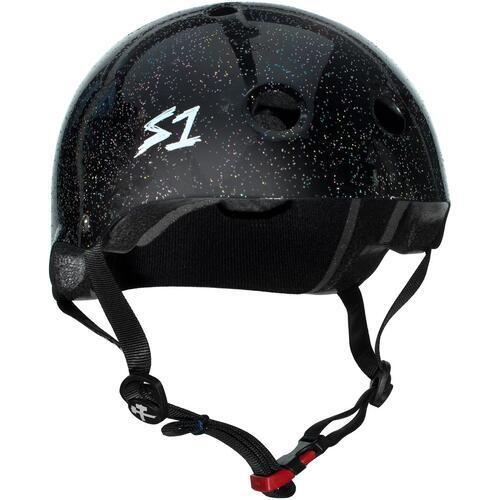 A black multi-impact helmet with a speckled design, featuring the "S1" logo on the front left side and an adjustable chin strap with a red clip. This S-One Helmet Mini Lifer Black Gloss Glitter is constructed with EPS Fusion Foam for superior protection.