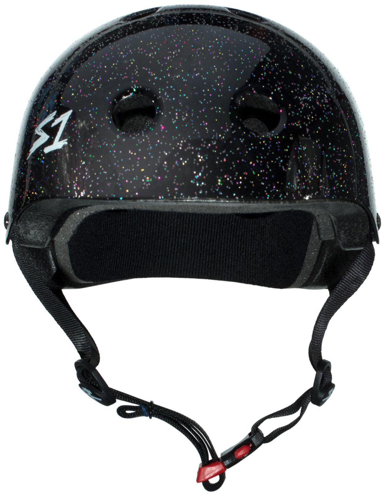 A black S-One Helmet Mini Lifer Black Gloss Glitter helmet with a textured speckled design and a white "S1" logo on the side. It features air vents, adjustable chin straps, and durable EPS Fusion Foam for multi-impact protection.