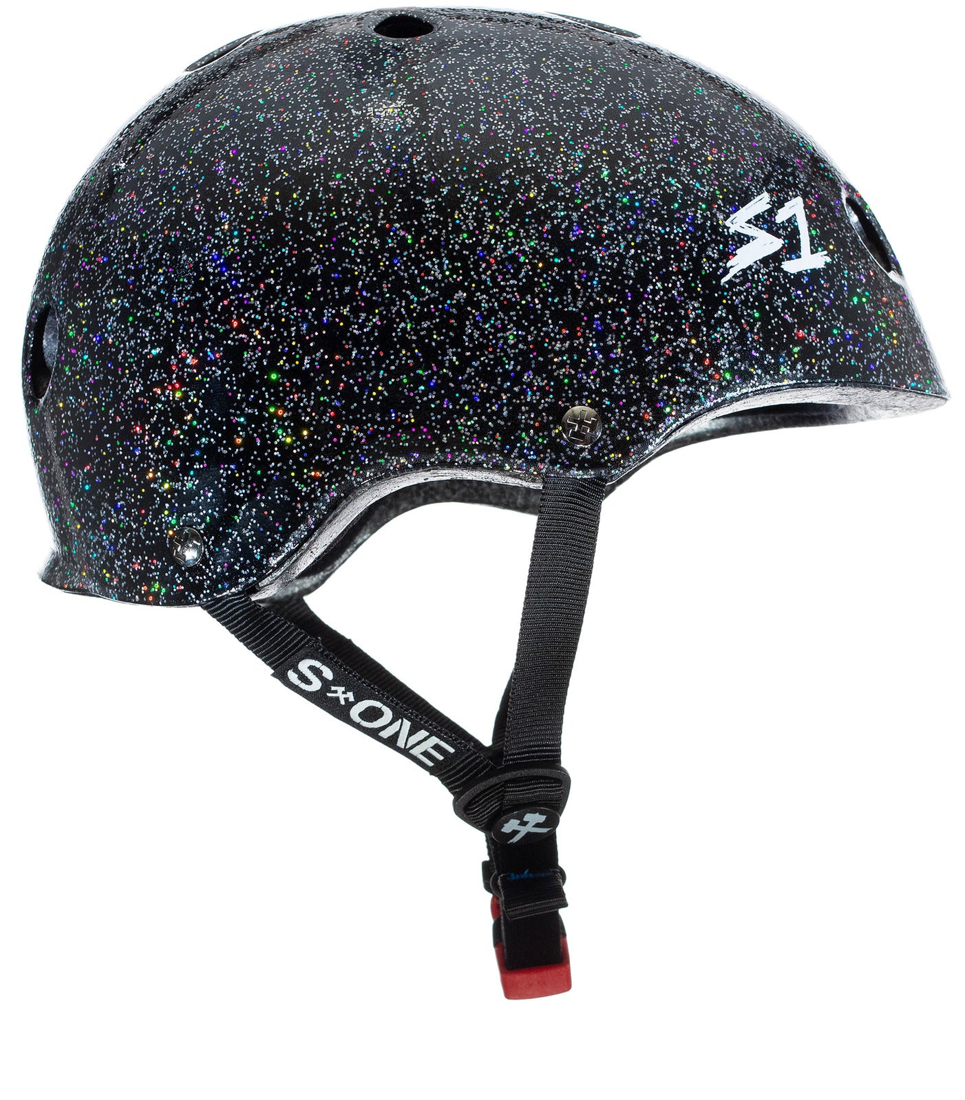 A black S-One Helmet Mini Lifer Black Gloss Glitter with a glittery finish, visor holes, and an adjustable black strap. The multi-impact helmet features EPS Fusion Foam and white "S1" branding on the side and on the strap.