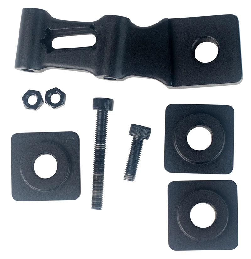 A set of black metal mounting brackets, including two bolts, two nuts, and three square washers, ideal for the Speedco EVO Pro frame or as a replacement kit for Speedco EVO Dropout Spacers.