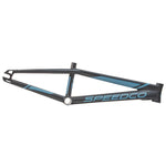 A black BMX race frame with blue accents and the words "Speedco 2024 M2 Pro L Frame" written in blue on the bottom tube features internal cable routing.