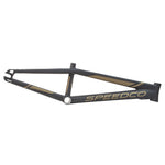 Side view of a black Speedco 2024 M2 Pro L Frame with gold accents, showcasing the BMX race frame's minimalist design and internal cable routing.