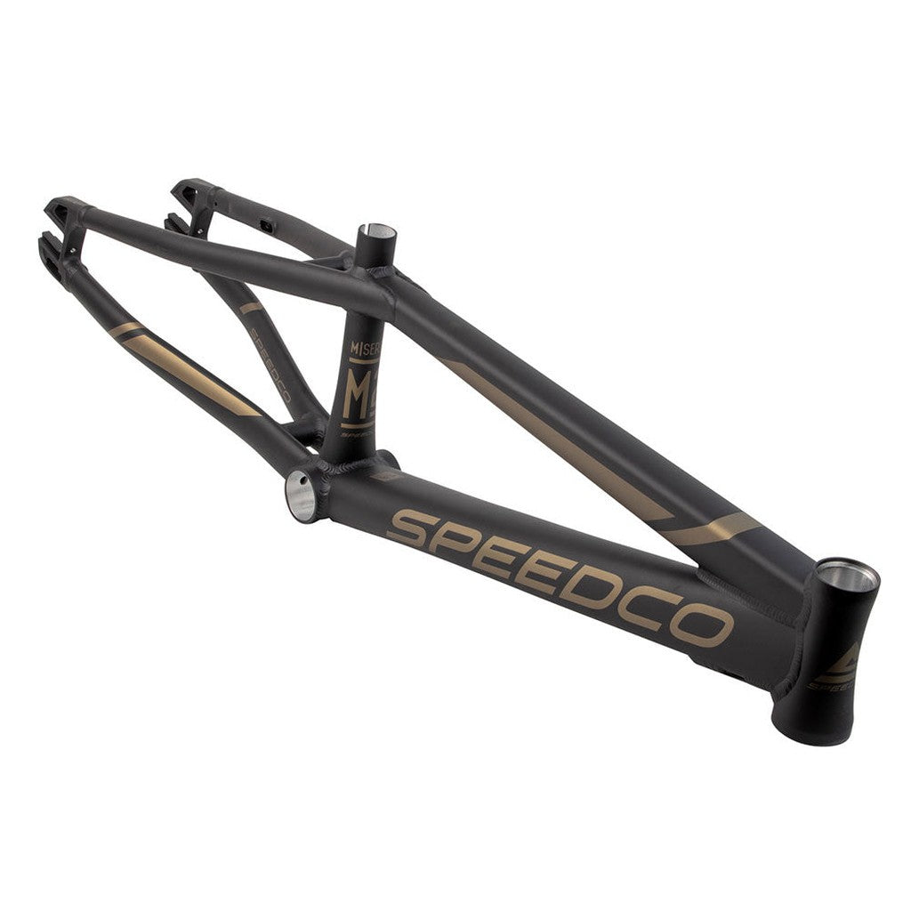 A matte black BMX race frame, the Speedco 2024 M2 Pro L Frame features gold accents and internal cable routing, shown against a white background.