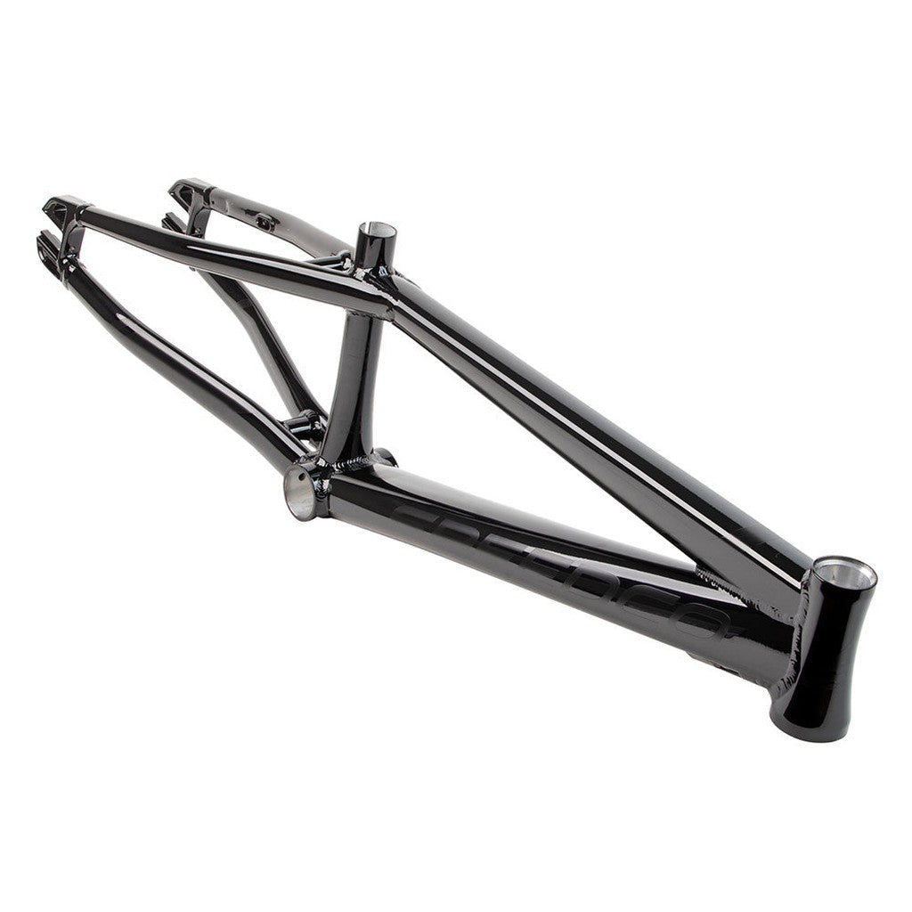 A black Speedco 2024 M2 Pro XL Cruiser Frame, featuring an integrated chain tensioner system, is shown in a side view on a white background.