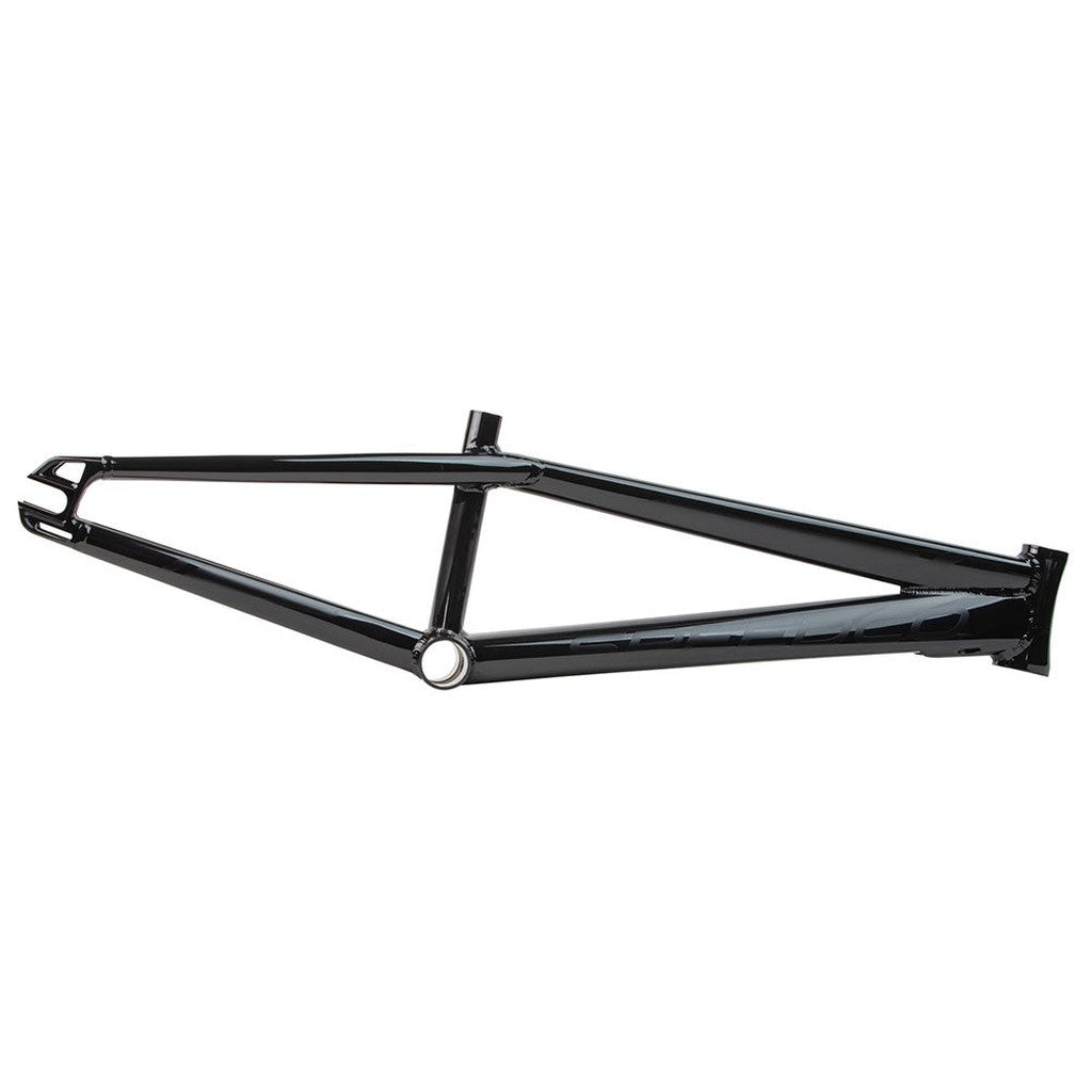 A black Speedco 2024 M2 Pro XL Cruiser Frame, made of aluminium and featuring an integrated chain tensioner system, is displayed against a white background without wheels or any other components.