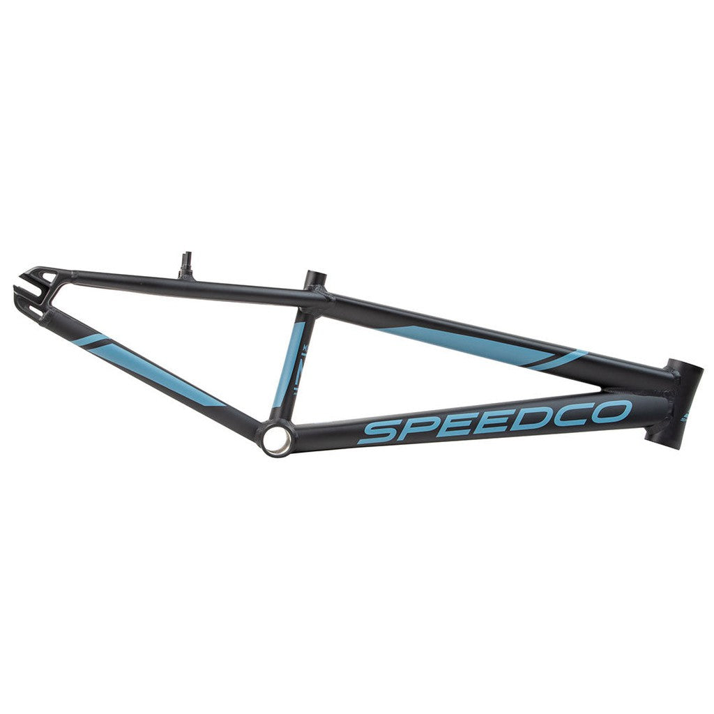 Black and blue Speedco 2024 M2 Expert Cruiser Frame with the text "SPEEDCO" on the side, featuring a minimalistic design. This sleek aluminium frame is engineered for young riders who demand performance.