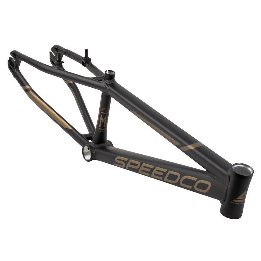 A black Speedco 2024 M2 Expert Cruiser Frame with gold accents and equipped with disc brakes, shown isolated on a white background.