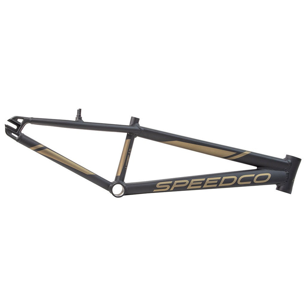 A black and gold bicycle frame, labeled "Speedco 2024 M2 Junior Frame," crafted from 7005 series aluminium, shown on a white background.