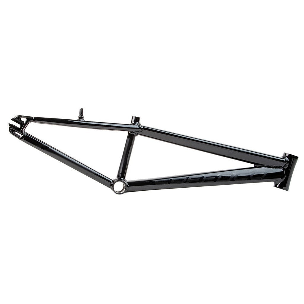 A glossy black metallic bicycle frame designed with an elongated triangular structure, featuring the precision and quality of Speedco 2024 M2 Expert Cruiser Frame.