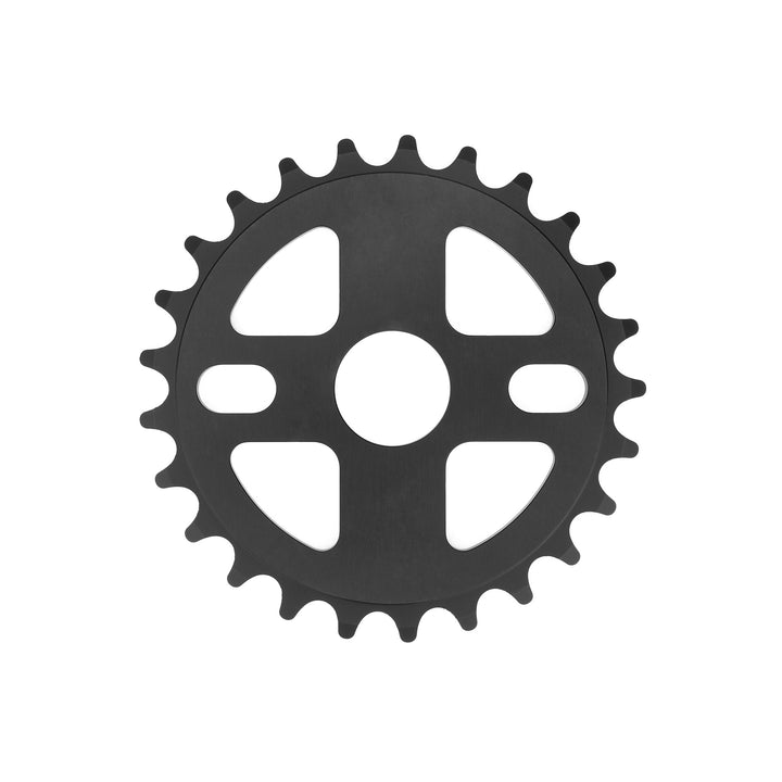 The Kink Imprint Sprocket, CNC machined from durable 7075-T6 aluminum, is black with a central hole and 24 teeth on a white background.