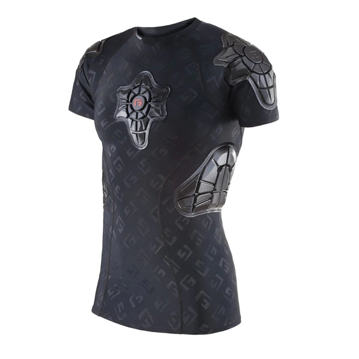 The G-Form Pro X Youth SS Shirt is a black padded compression shirt with SmartFlex™ armor on the shoulders, chest, and elbows, featuring a geometric pattern and logo on the chest.