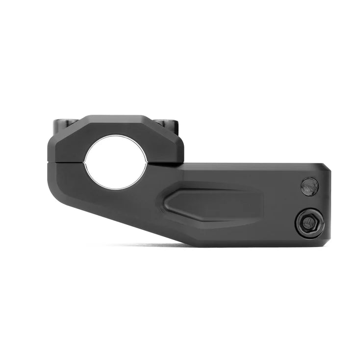 Side view of a black Kink High Rise Top Load Stem, expertly CNC machined from durable 6061-T6 aluminum, with a circular clamp featuring two bolts on each end.