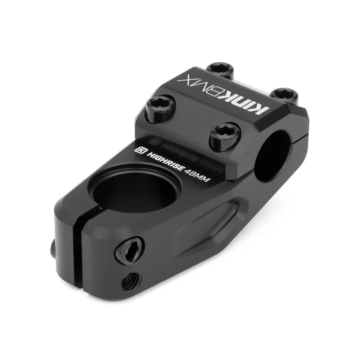 The Kink High Rise Top Load Stem is a black CNC machined bicycle stem made from durable 6061-T6 aluminum. It features "HIGHRIDE 48MM" and "KINK BMX" markings and multiple bolt holes for secure attachment, enhancing stability.