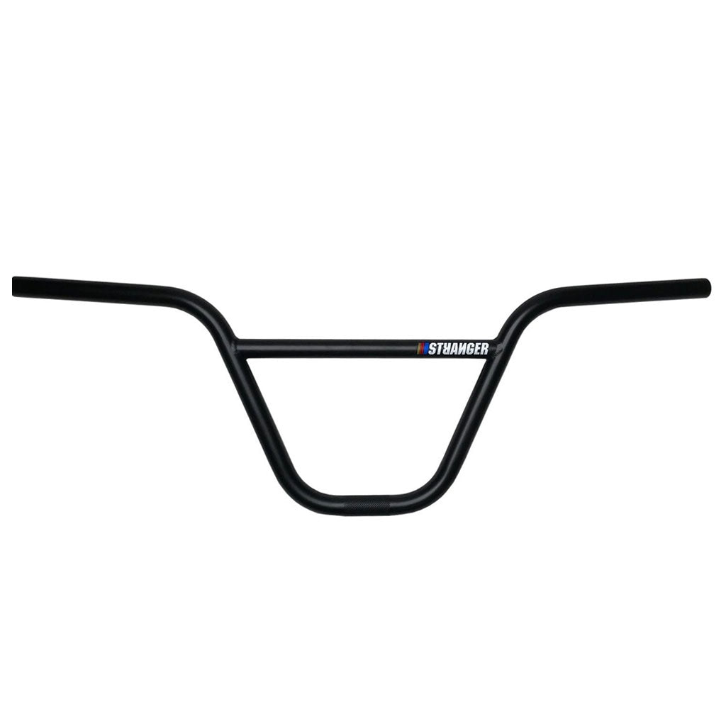 Black BMX handlebars with a connected horizontal brace and "STHANGER" branding in the center. Made from durable Chromoly, these Stranger NAS bars are designed for peak performance.