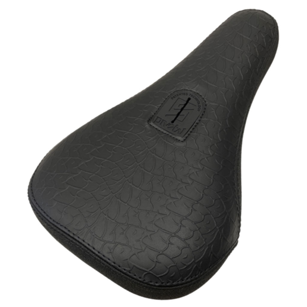 A black Stranger Alleycat Pivotal Seat designed in the pivotal style, featuring a textured faux-leather surface with a logo patch on top. Inspired by Eric Lichtenberger's style, this seat is perfect for the avid Alleycat rider.