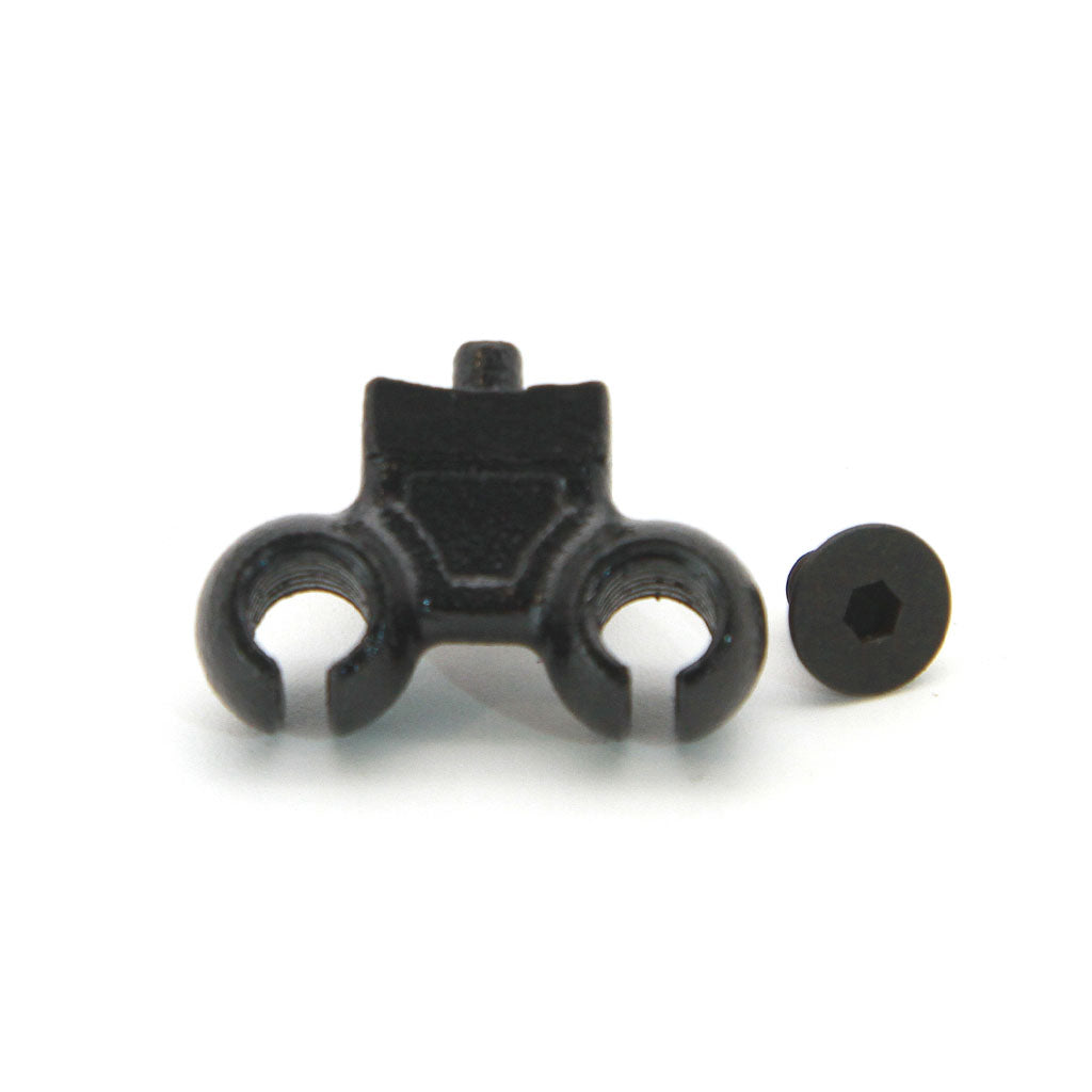 The SUNDAY Brake Cable Stop is a small black plastic piece with two circular openings and a tiny black hexagonal screw.