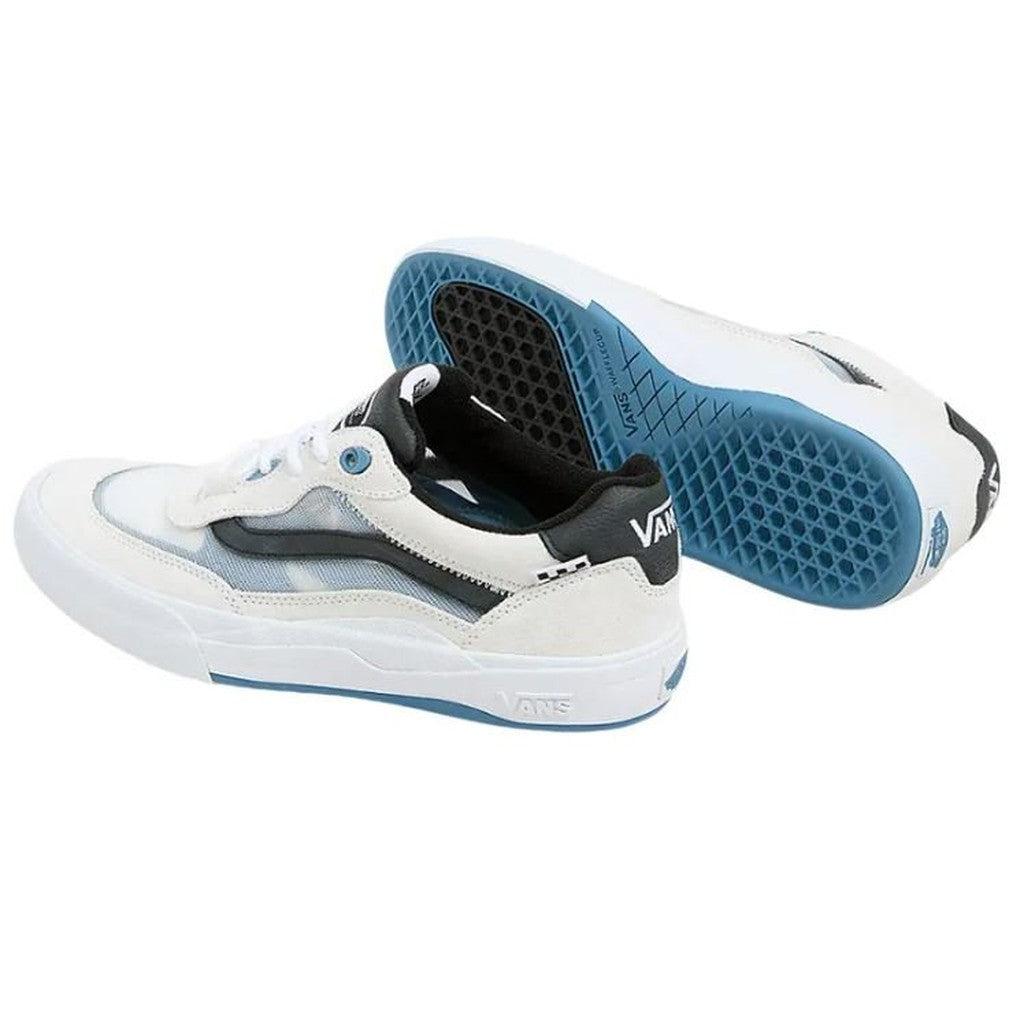 Trendy Vans Skate Wayvee Shoes Blanc De Blanc with black and white design and blue Waffle Cup soles, showcasing side and sole views.