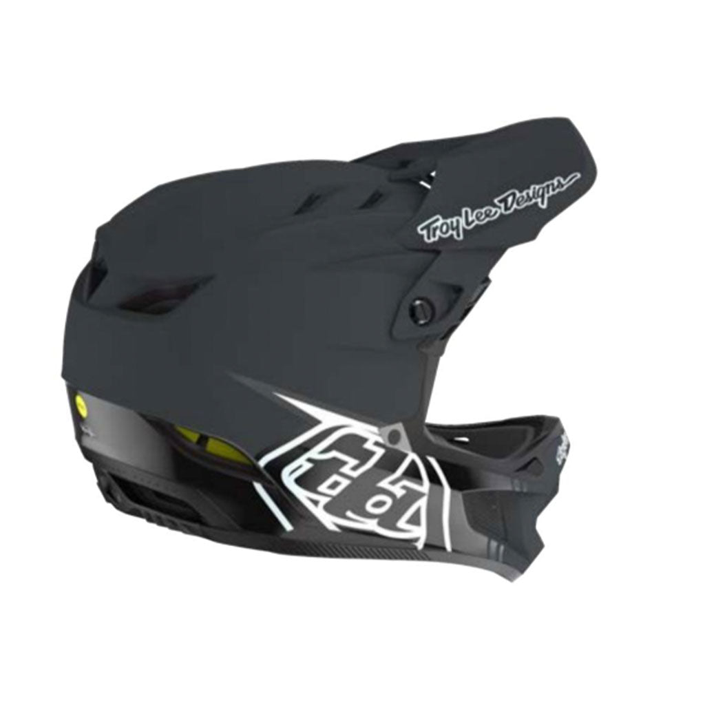 The TLD 25.1 D4 Carbon Helmet MIPS Stealth Black features white and green accents and Troy Lee Designs branding, ideal for downhill podiums. With advanced Mips protection, it offers optimal safety and style for every daring ride.