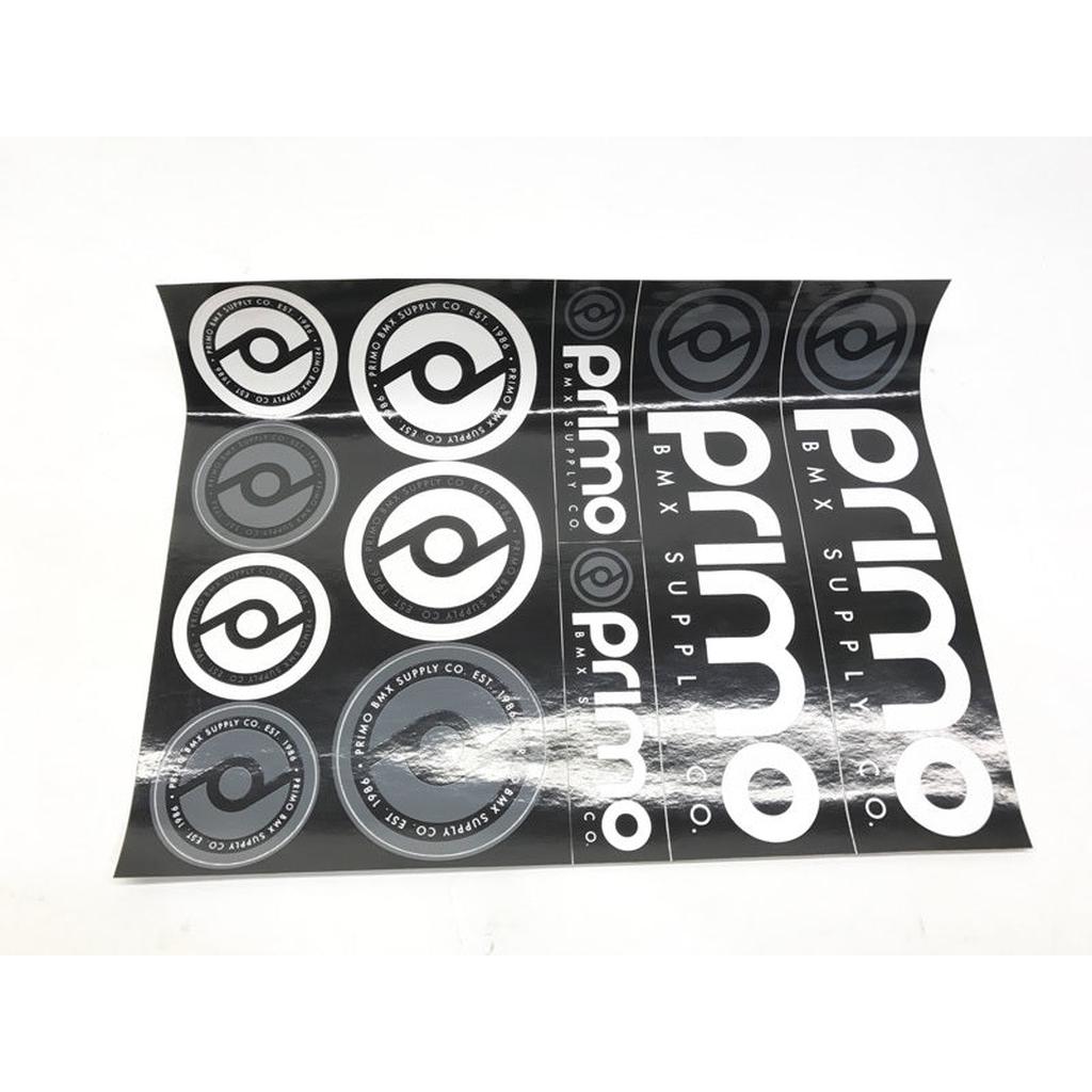 The Primo Sticker Sheet includes an assortment of circular and rectangular black and white logo designs on a white background.