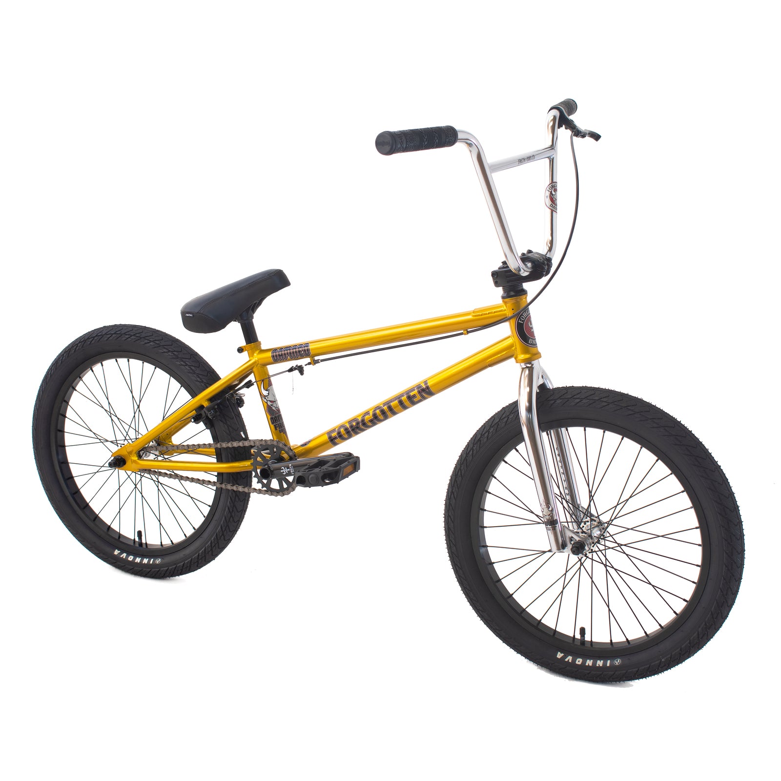 The Forgotten Damned 20 Inch BMX bike, in vibrant yellow with black tires and a sleek black seat, is designed for the advanced rider. Its simple frame has high handlebars and rear wheel foot pegs ideal for thrilling stunts and daring maneuvers.