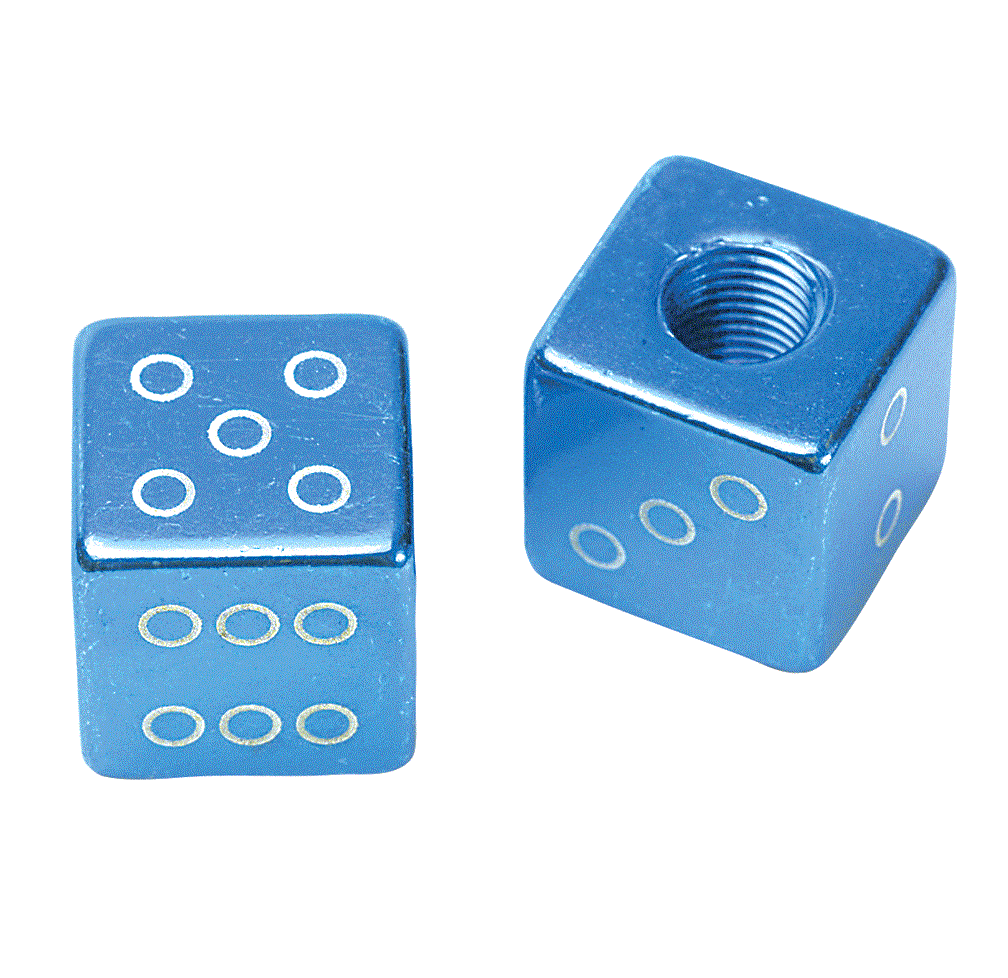 A pair of Dice Valve Caps in blue metallic includes one showing five dots and another resembling a car valve cap with a threaded hole and four dots.