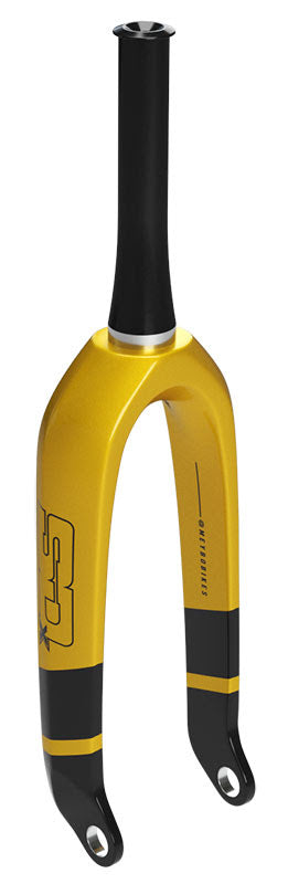 Image of a yellow and black SD Pro Tapered 1.5 V2 Carbon Fork 24 Inch 20mm with the letters "FS" and the word "SPIRIT" printed on the side, reminiscent of the high performance seen in BMX SX racing.