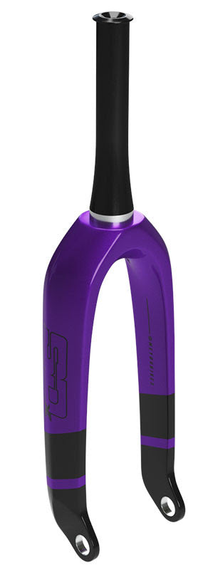 Product Data: The SD Pro Tapered 1.5 V2 Carbon Fork 20 Inch 20mm, a purple and black front wheel attachment bicycle fork, features a straight steerer tube designed with high-quality 7000 series aluminium.